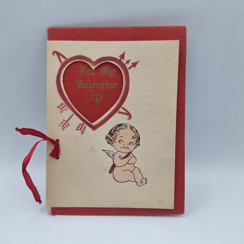 Vintage Valentine Card Cupid Heart Cutout For My Love Poem Red Handmade Layered‎